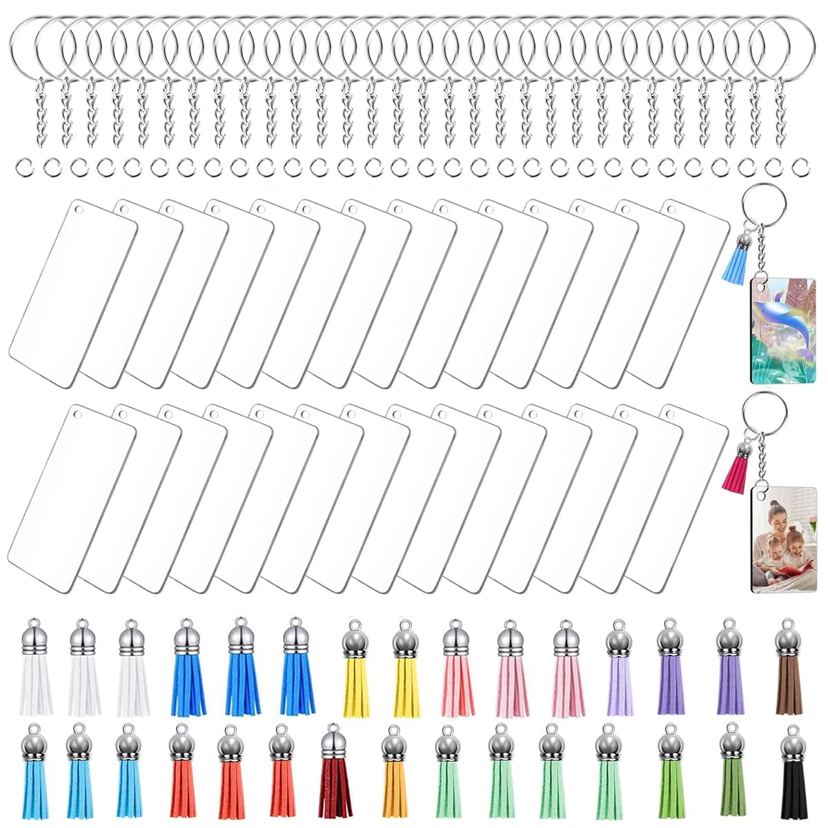 SANNIDHI 120pcs Acrylic Keychain Blanks Kit, Including 30pcs Rectangle Clear Acrylic Blanks, 30pcs Keychain Tassels, 30pcs Key Ring and 30pcs Jump Rings for DIY Key Chain Vinyl Crafting SANNIDHI 120pcs Acrylic Keychain Blanks Kit, Including 30pcs Rectangle Clear Acrylic Blanks, 30pcs Keychain Tassels, 30pcs Key Ring and 30pcs Jump Rings for DIY Key Chain Vinyl Crafting